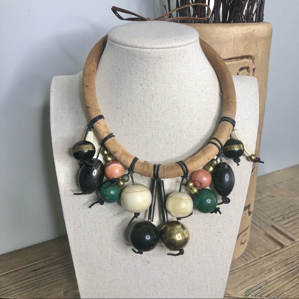 Leather Choker with Multi-Color and Brass Beads